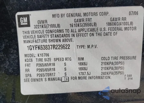 2007 Cadillac Escalade Standard z USA, uszkodzony, nr VIN 1GYFK63837R229622